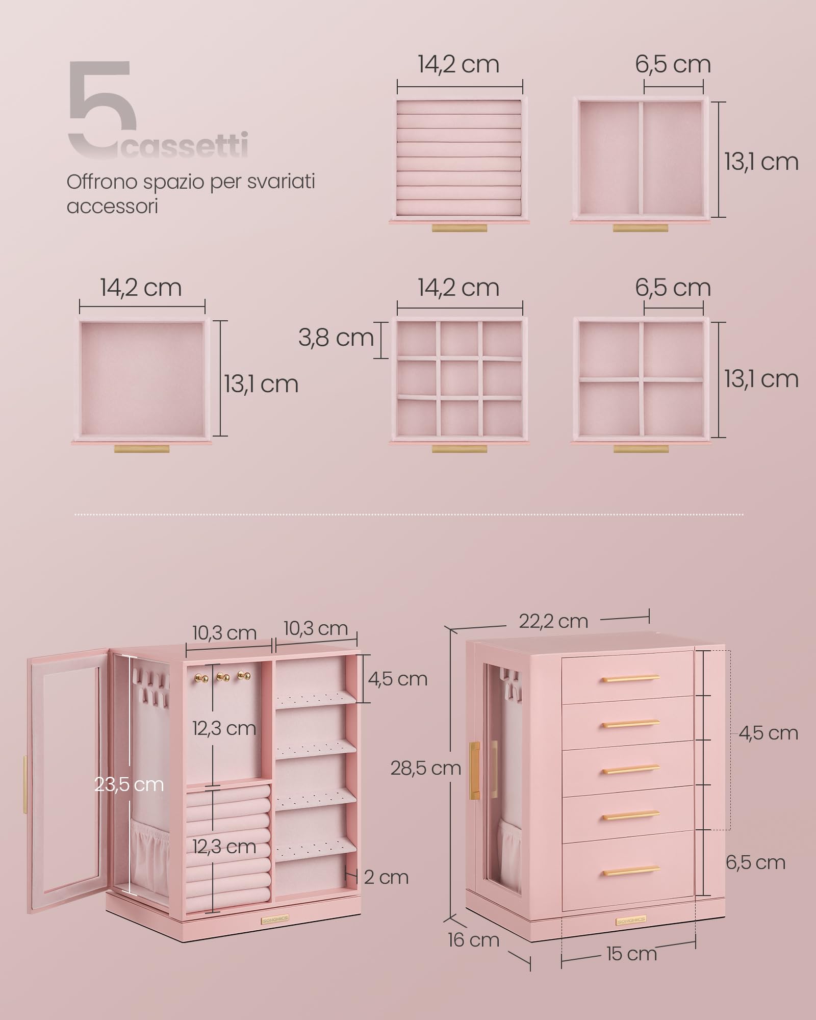 SONGMICS Scatola Portagioie Girevole a 360°, Porta Gioielli con 5 Cassetti, Finestre in Vetro Laterali, Capiente, Conservazione in Verticale, Design Aperto, Idea Regalo, Rosa Pastello JBC170R01