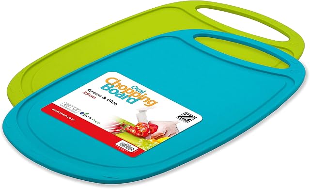 ZYBUX - Set of 2 - Chopping Boards - 35 x 23cm - Oval Plastic Cutting Board BPA Free with Juice Groove, Professional Kitchen Cutting Boards with Hanging Hole - Dishwasher Safe - Durable - Green & Blue