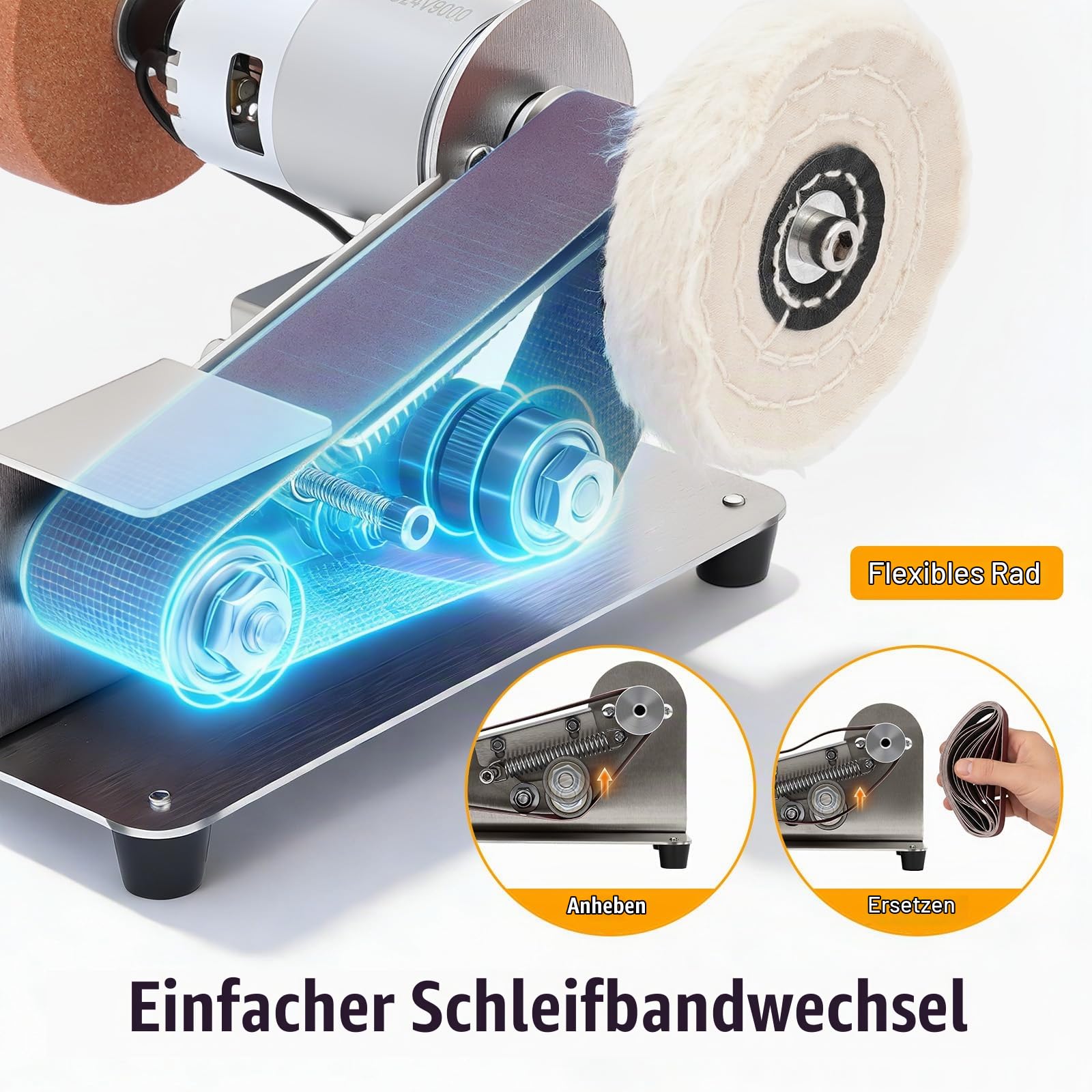 Mini Bandschleifer, 150W 7-Gang Elektrischer Schleifmaschine Messer, 9000U/min Edelstahl Tisch Bandschleifer Messerscharfer mit 20 Bändern und Staubschutz, 1-45° Tisch 775 Motor fur Metall Bernstein