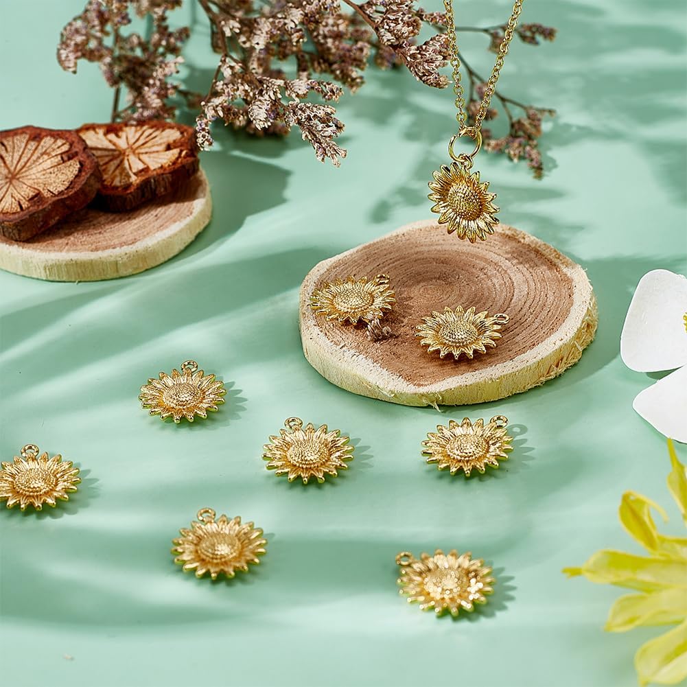 Beebeecraft Sunflower Charms 18K Gold Plated Brass Flower Charm for DIY Jewelry Earring Necklace Bracelet Making Finding