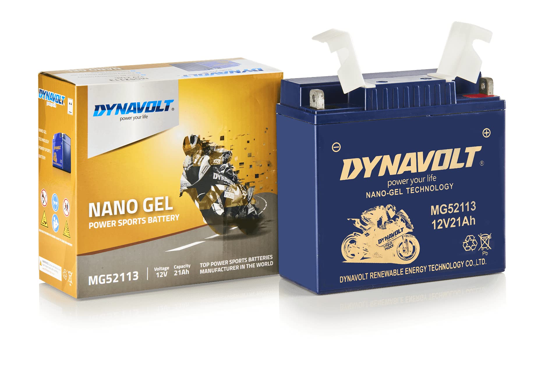 Batería de moto Dynavolt NANO-GEL MG52113 12V 21Ah 390A, reemplaza YTX19BL-BS, dimensiones: 183x79x171mm, Batería de moto de gel sin mantenimiento y no derramable