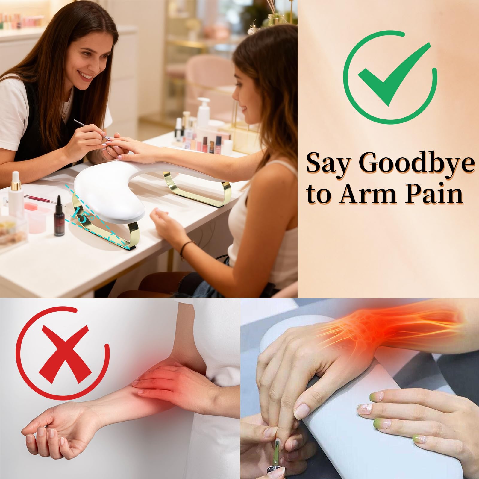 U-Shaped Nail Arm Rest with 45° Tilt and Golden Curved Stands