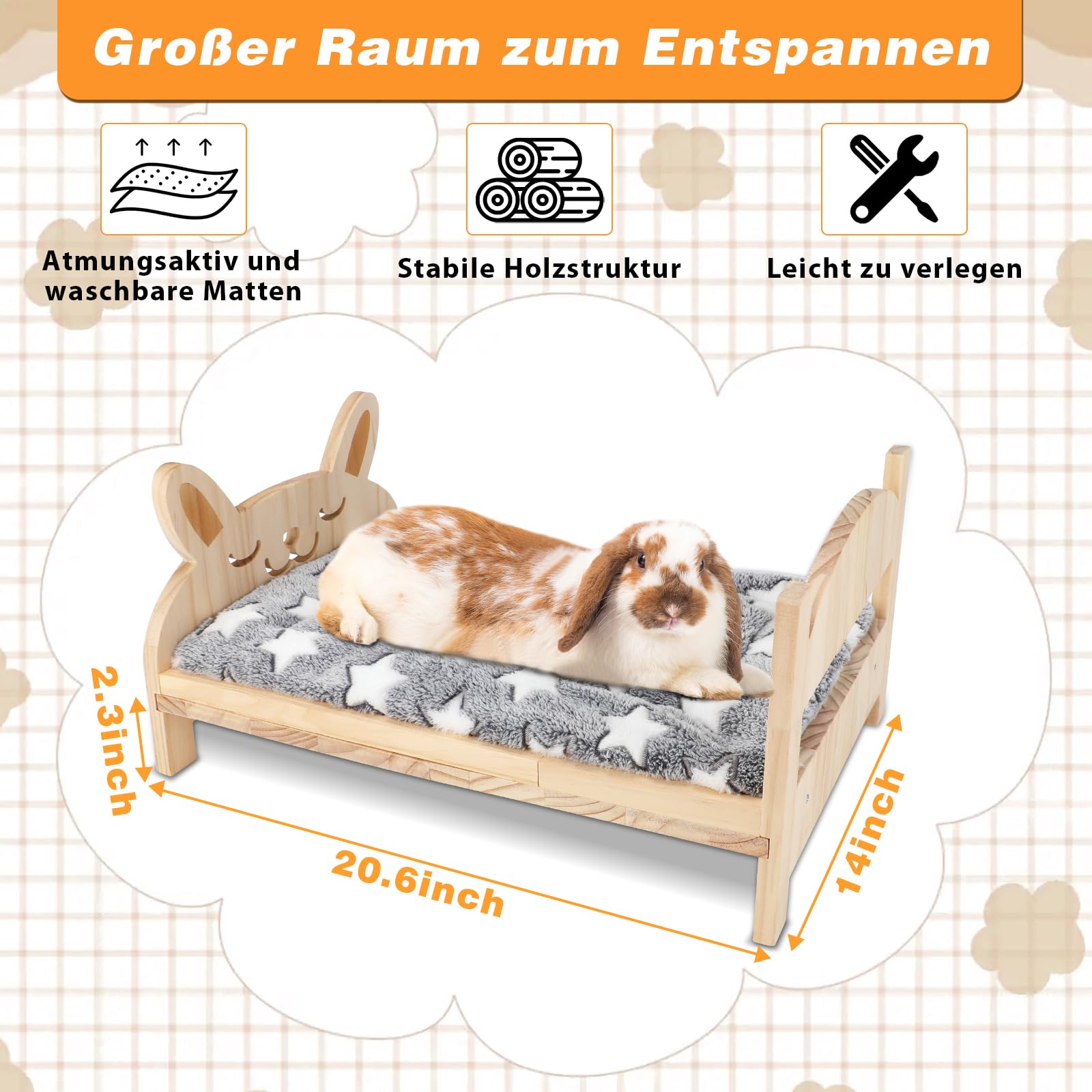 HYLYUN Großes hölzernes Kaninchenbett, 2 in 1 Zusammenklappbares Hölzernes Haustierbett mit Abnehmbarem Kissen für Kaninchen, Meerschweinchen, Kätzchen, Welpen schlafende kleine Tierbetten