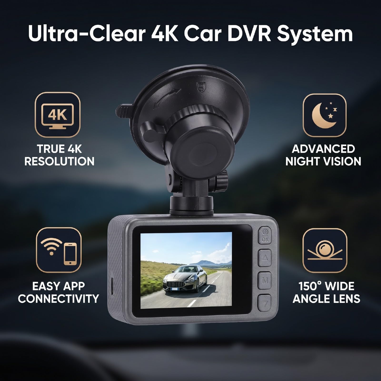 Dash Cam 4K Anteriore e Posteriore, Grandangolo 150°, Visione Notturna, WiFi Integrato, Display da 2,0 Pollici, Sensore G, Registrazione in Loop, con Connessione App Telefono e
