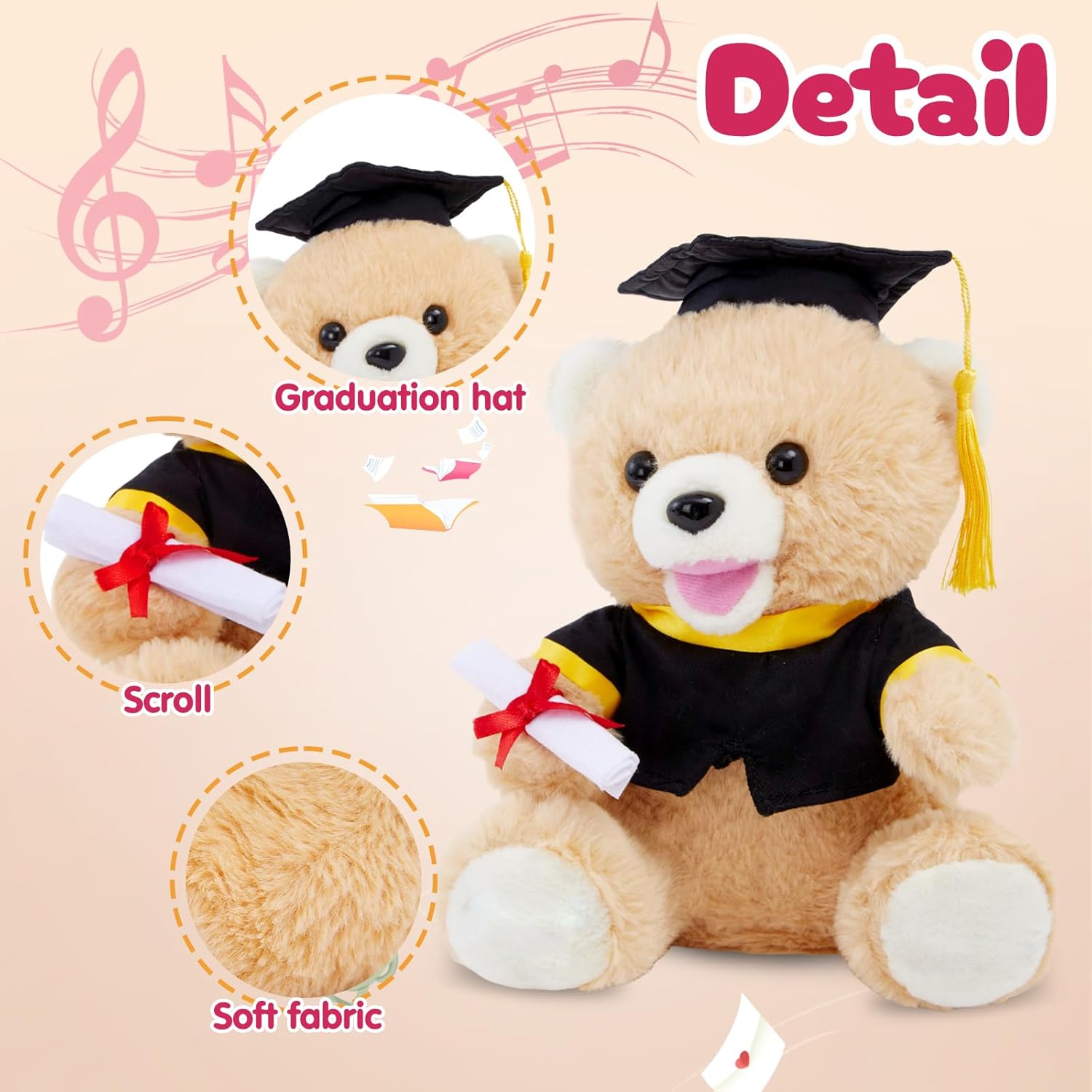 Graduation Teddy Bear Class of 2026, Singing Dancing Stuffed Plush Toy that nods its Head, Stuffed Animal with Cap&Certificate, Grad Bear Gift for Kindergarten High School College, 10 inch