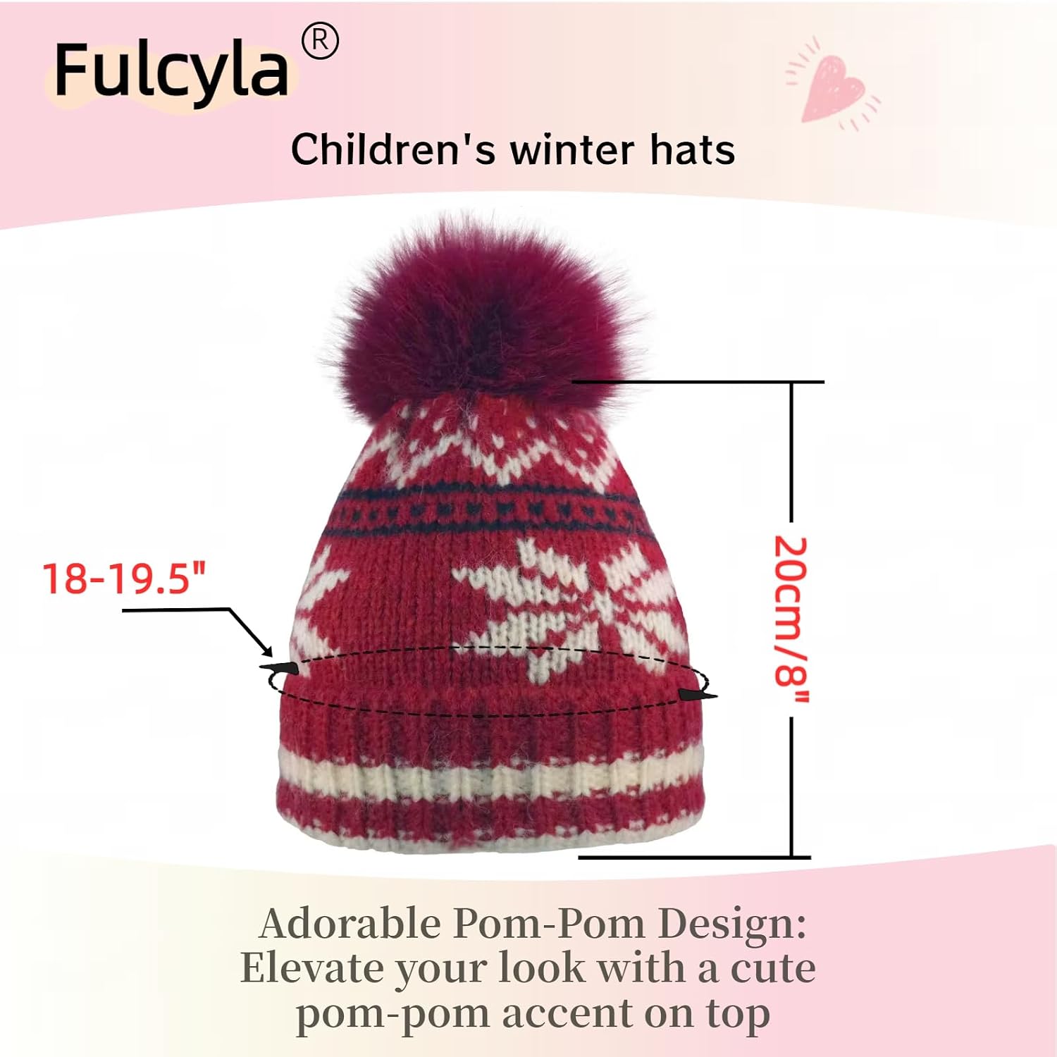 Kids Winter Knit Beanie Hat for Boys Girls Age 3-8 with Faux Fur Pom Warm Fleece Lined