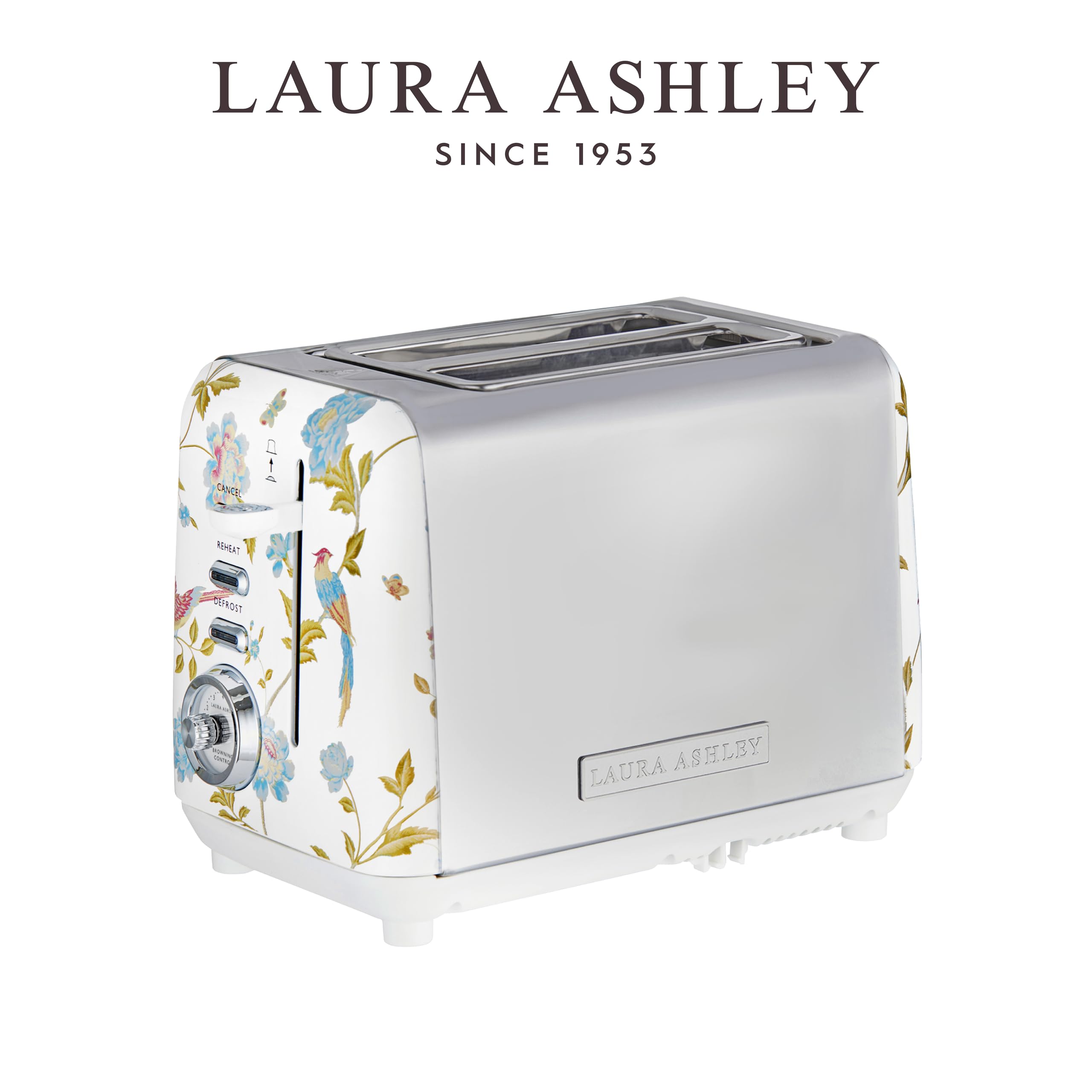 VQ Laura Ashley 2-Scheiben-Toaster mit einstellbaren Heiz-, Auftau- und Aufwärmmodi - Edelstahl Vintage-Toaster mit Aufsatz zum Aufwärmen von Croissants - Elveden White