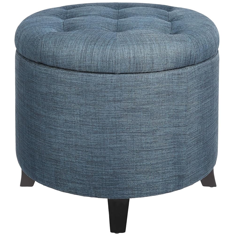 BAKAJI Pouf Contenitore Poggiapiedi in Legno con Scomparto Interno, Baule Portaoggetti con Seduta Imbottita, Sgabello Rotondo 51 x 51 x 43 cm Arredamento per Soggiorno, Cameretta (Blu Lino)