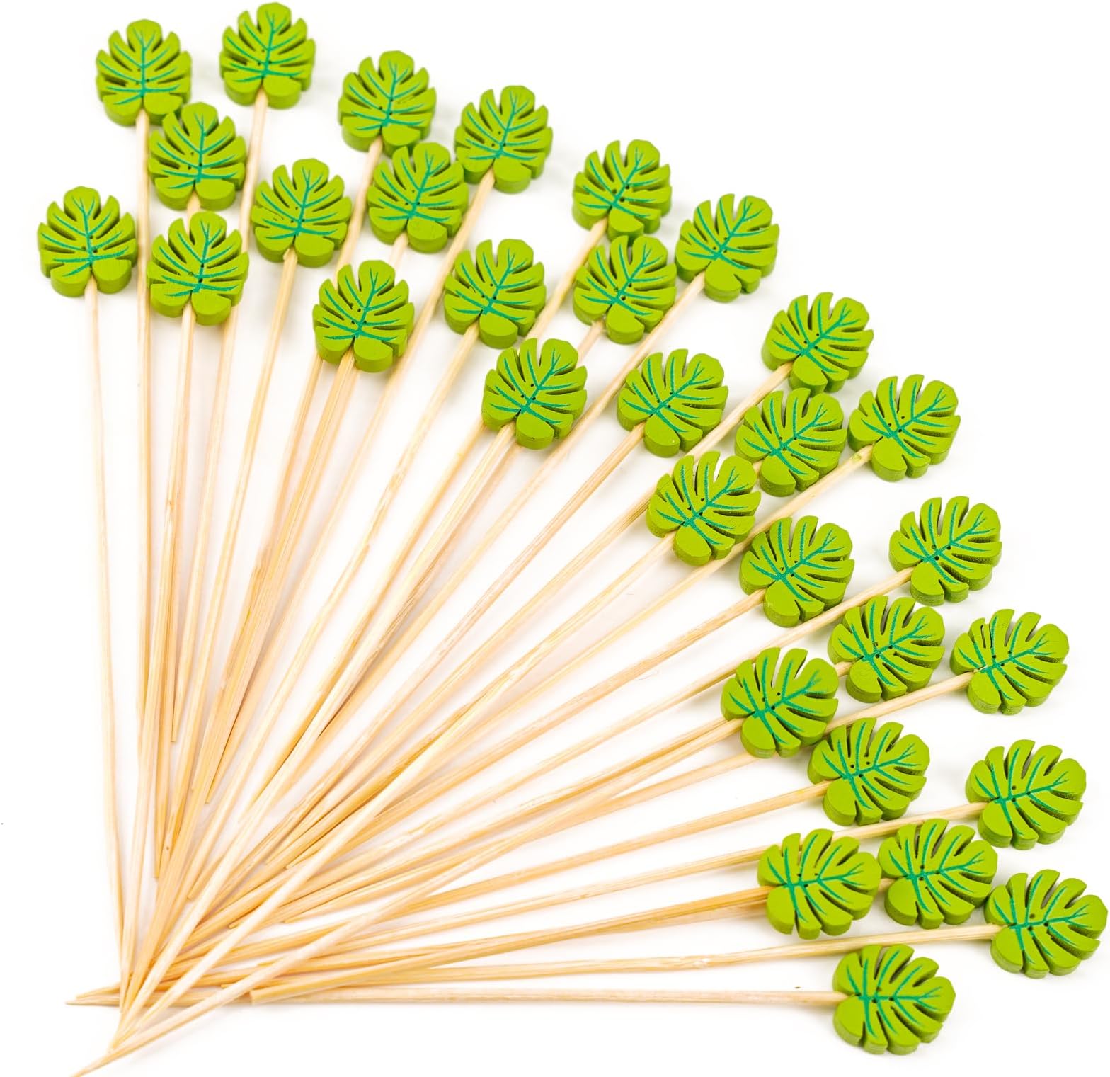 Picks 100 Counts 4.7" Bamboo Wooden Decorative Sticks for Appetizers Fancy Cocktail Party-Green Leaf Toothpicks, Palm Leaves