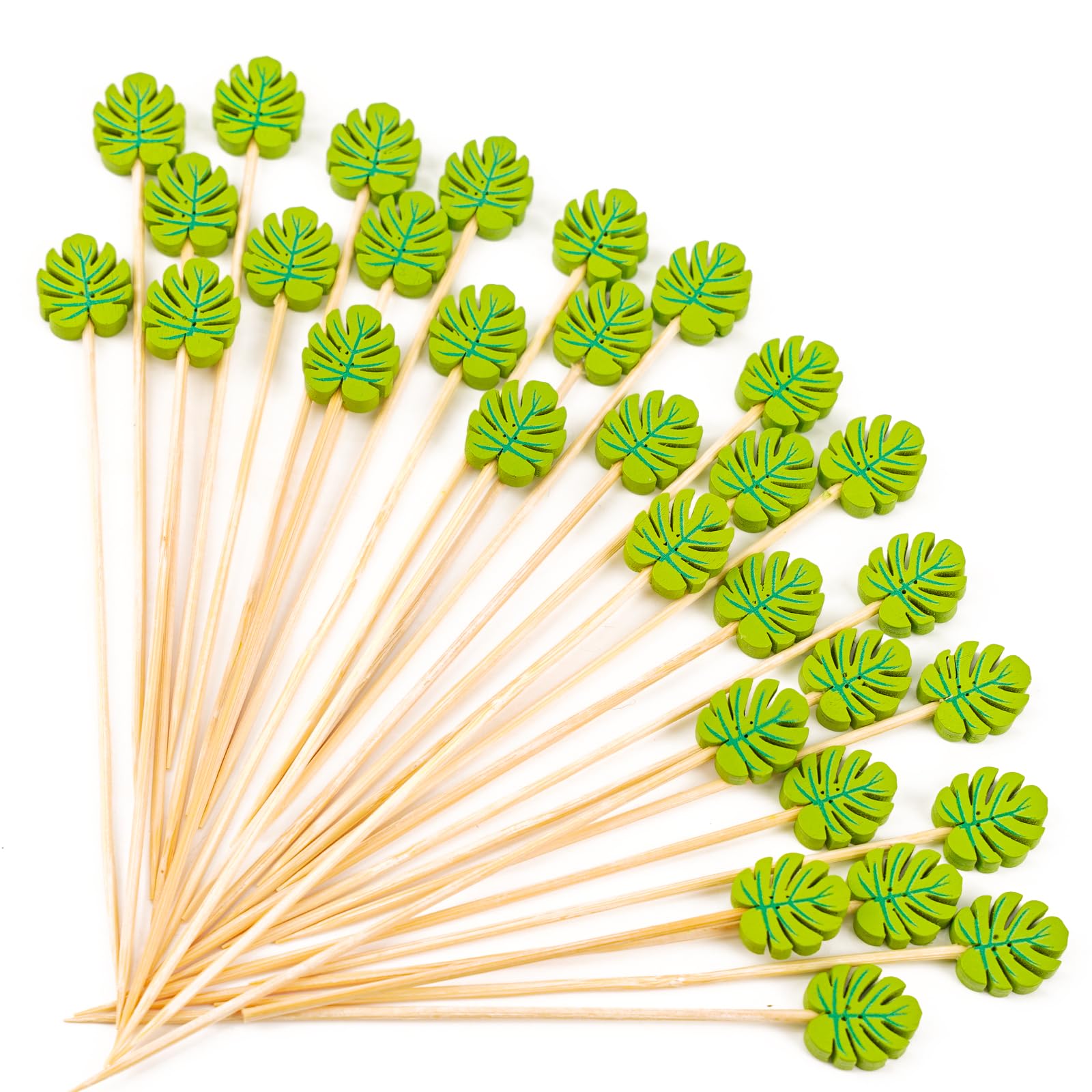 PuTwo Picks 100 Counts 4.7" Bamboo Wooden Decorative Sticks for Appetizers Fancy Cocktail Party-Green Leaf Toothpicks, Palm Leaves