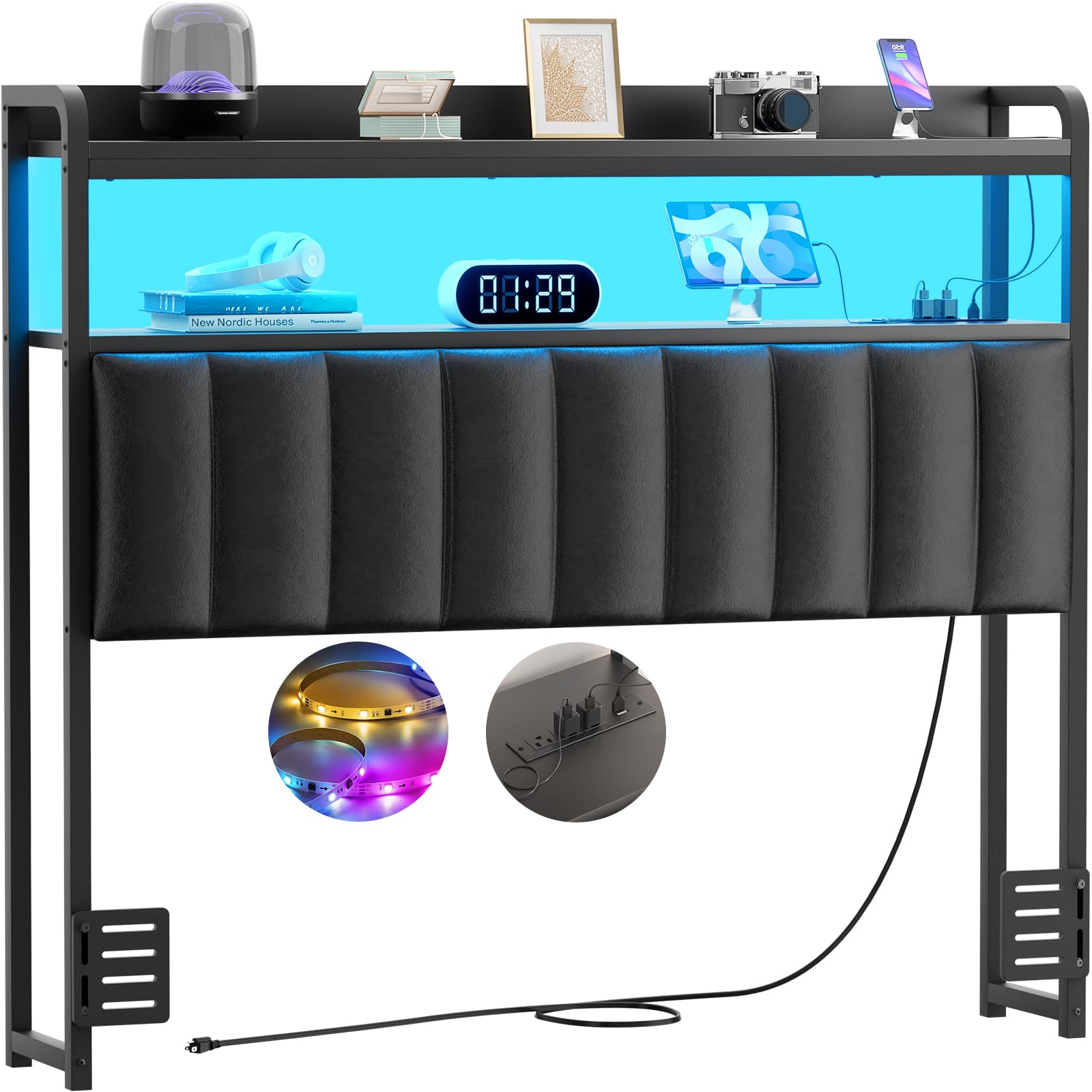 Aheaplus Headboard for Twin Size Bed Frame, Upholstered Headboards with Outlets, USB Ports and LED Light, Leather Head Board with Storage, Height Adjustable, Comfortable Headboard, Twin Size, Black