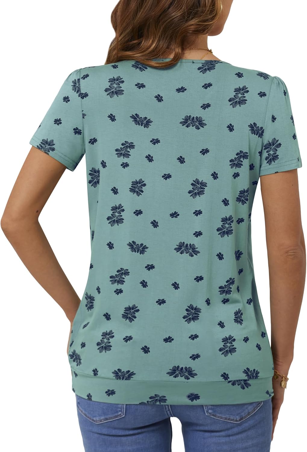 DJT Women's Short Sleeve Summer Tops Scoop Neck Pleated Front Casual Tee T Shirt - Image 3