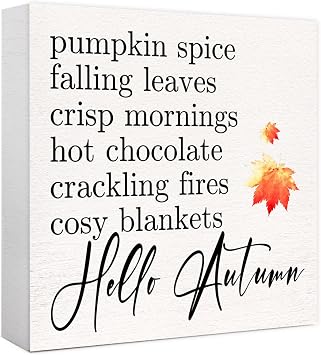 Funny Autumn Wood Box Sign Hello Autumn Wooden Block Desk Decor for Home Office Kitchen Cubicle Table Shelf Tabletop,Farmhouse Fall Sign Decor