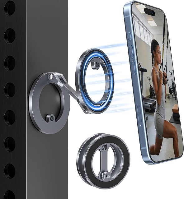 Itramax Magnetic Phone Holder for Gym,Double Ring Magnetic Gym Phone Stand,360 Adjustable Dual-Sided Mount for iPhone 17 Air 16 15 14 13 12 Pro Max,Mag/Safe Case,Metal Surfaces,Alloy Base,Golf Cart