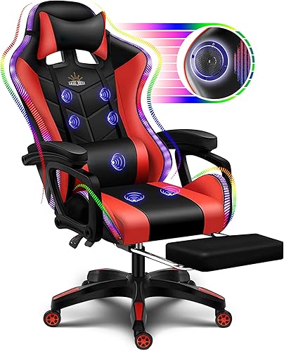 Miniatura 8 de RGB Gaming Chair with Massage and Footrest, Ergonomic Pro Computer Chair with LED Lights and Speakers, High Back Music Video Chair with Lumbar