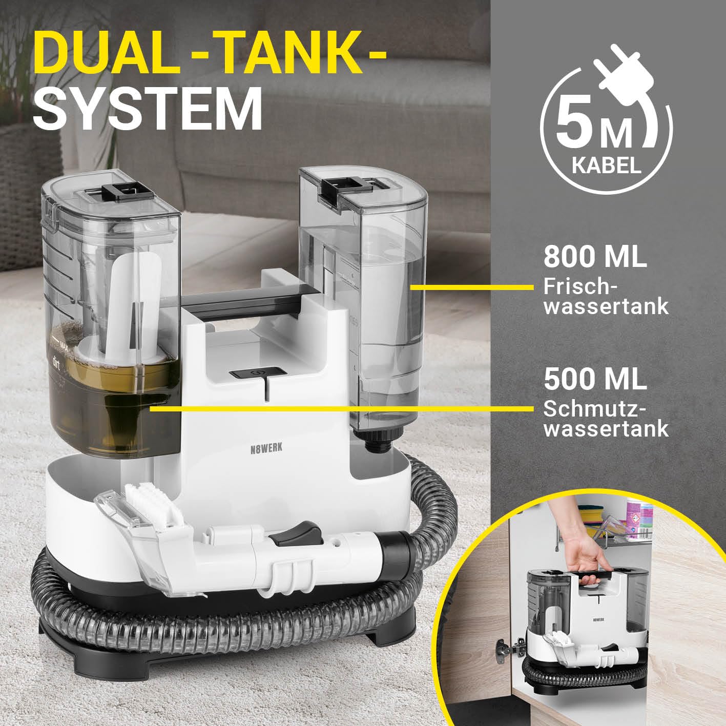Waschsauger Portable Clean | Inkl. Reinigungsmittel | Polster- und Teppichreiniger, leicht und kompakt | Fleckenentferner, leistungsstarker 400 Watt Motor, Frisch- und Schmutzwassertank