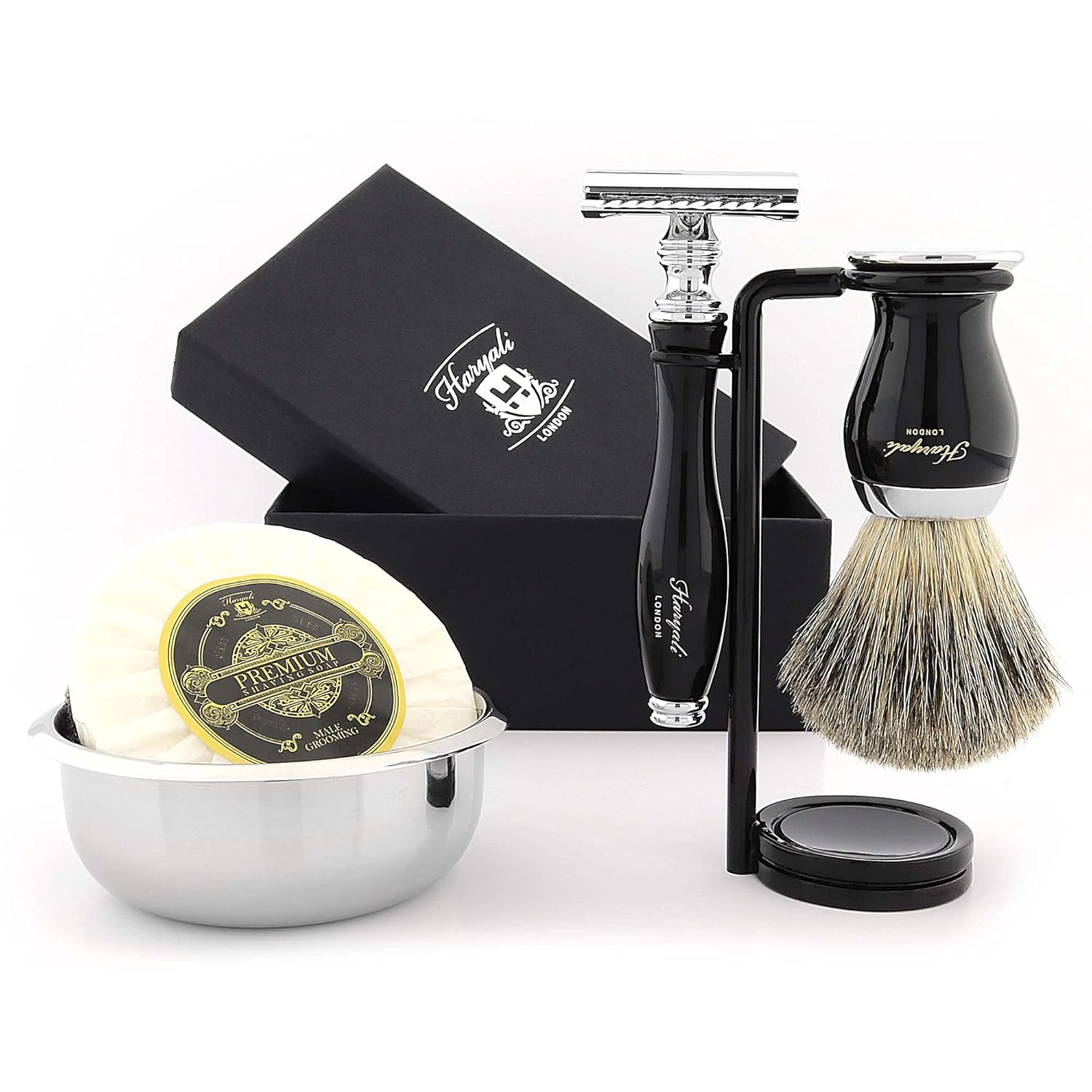 Complete 5Pcs Men's Shaving Kit ft Pure Black Badger Brush, DE Safety (Blades NOT Included), Dual Stand, Bowl & Soap