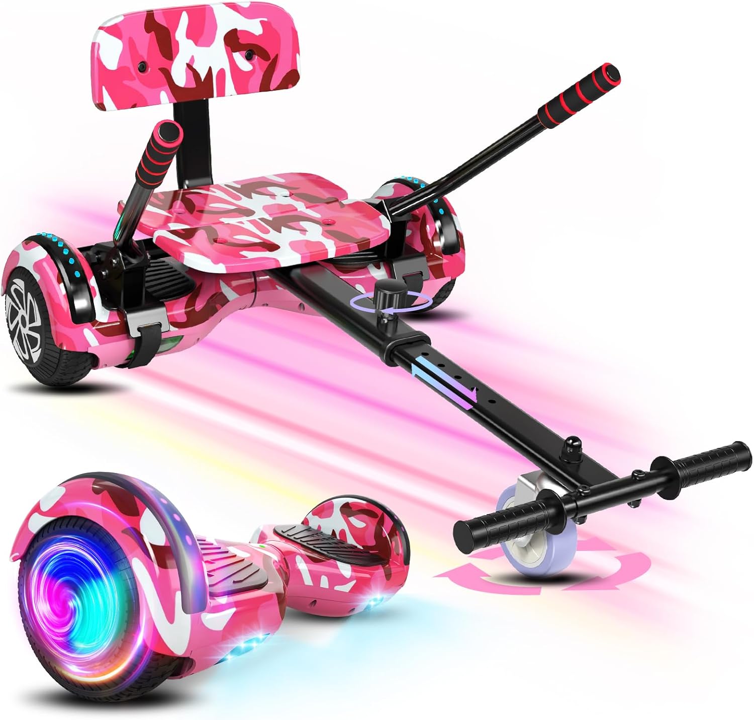 Scooter with Seat Attachment for Kids Adults, 6.5'' 8.5''Balancing Scooter with Bluetooth Speakers & Colorful LED Light with Kart