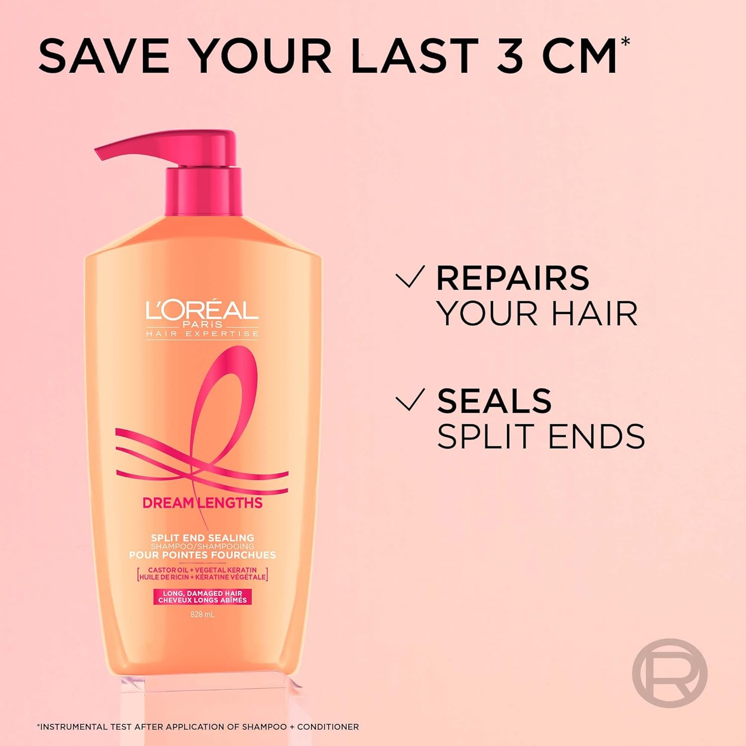 L'Oreal Paris L’Oréal Paris Hair Expertise Dream Lengths Restoring Shampoo with Vegetal Keratin and Castor Oil, for All Types of Long Hair, Visibly Repairs Damage and Seals Split Ends, 828ml Shampoo for Long Damaged Hair - 828ml in use