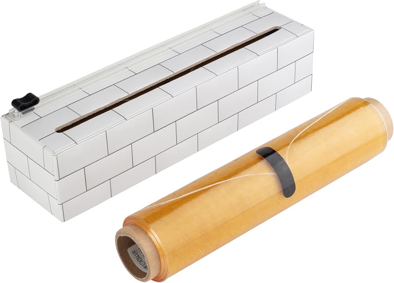 Dispensador de envoltura de plástico para azulejos Subway - Incluye rollo de 9"x250' | Dispensador de envoltura de plástico pequeño y reutilizable con cuatro pies de goma antideslizantes y cortador deslizante