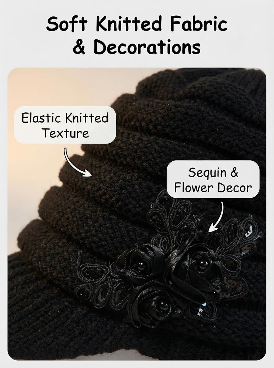 C-US Women Winter Warm Knit Hat Crochet Visor Brim Cap with Flower Accent - Image 6