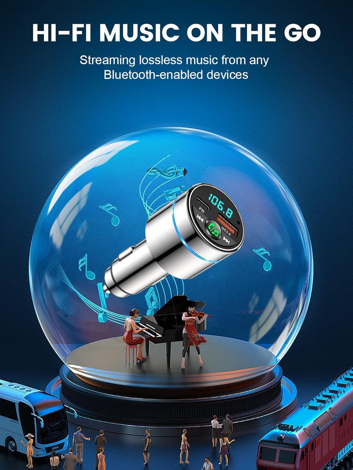 Mohard Nadajnik FM Bluetooth 5.3, całkowicie metalowy samochód Bluetooth, szybka ładowarka samochodowa PD30W typ C+QC3.0, adapter Bluetooth do radia samochodowego, redukcja szumów, połączenie