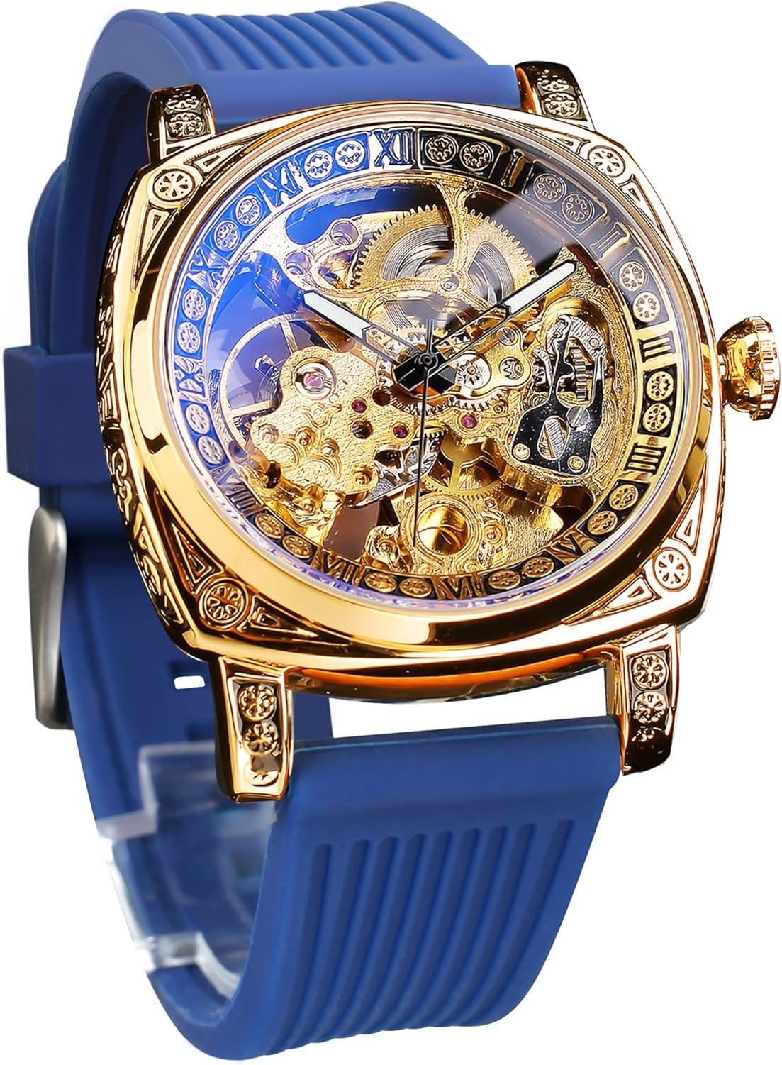 Wuufake Wrist Watch for Men Black Numeral Dial Square Stainless Steel Retro Vintage Skeleton Automatic Self-Wind Leather Strap Timepiece, Blue_new