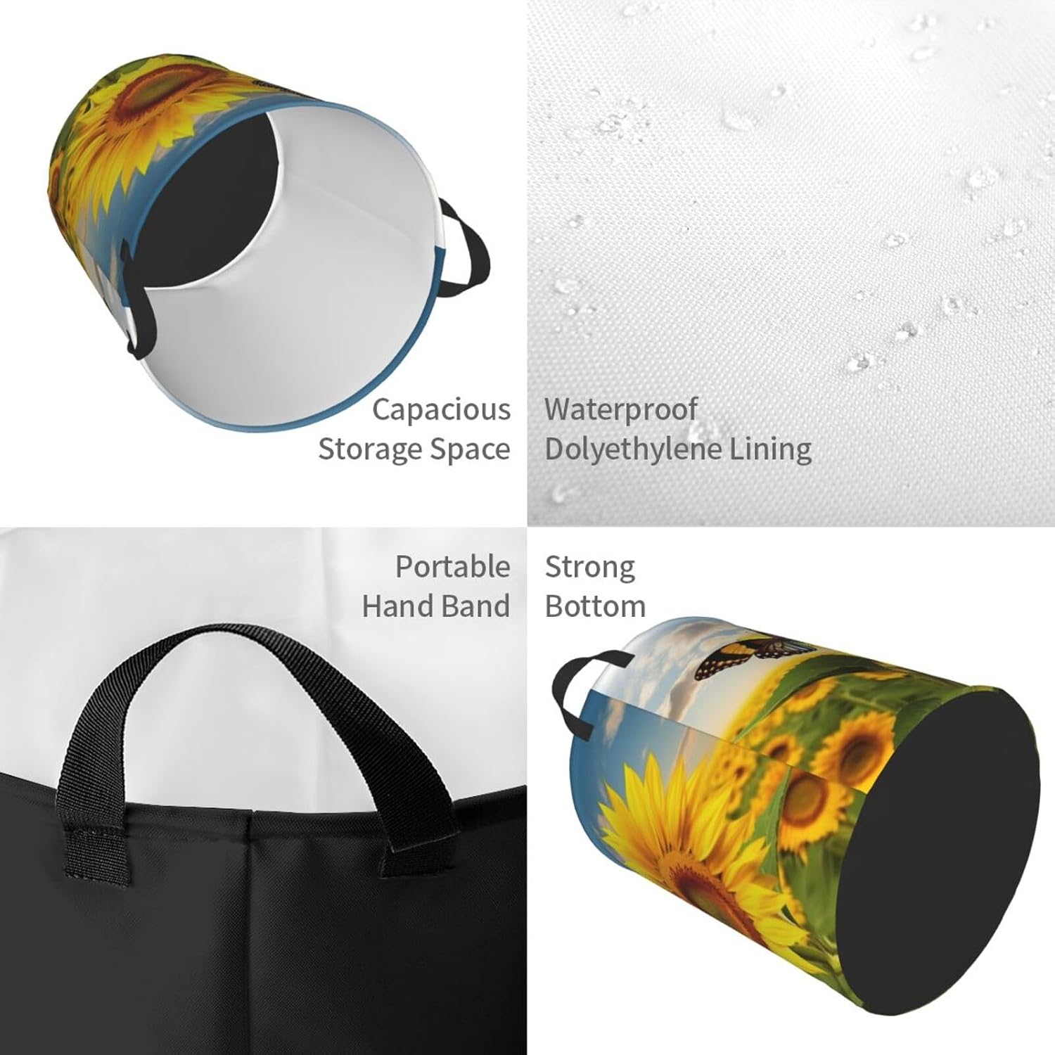 Sunflower Butterfly print Laundry Basket Circular Hamper Waterproof Bathroom Hamper Storage Bin Organizer Basket Laundry Hamper with Handles for Clothes Toys Small