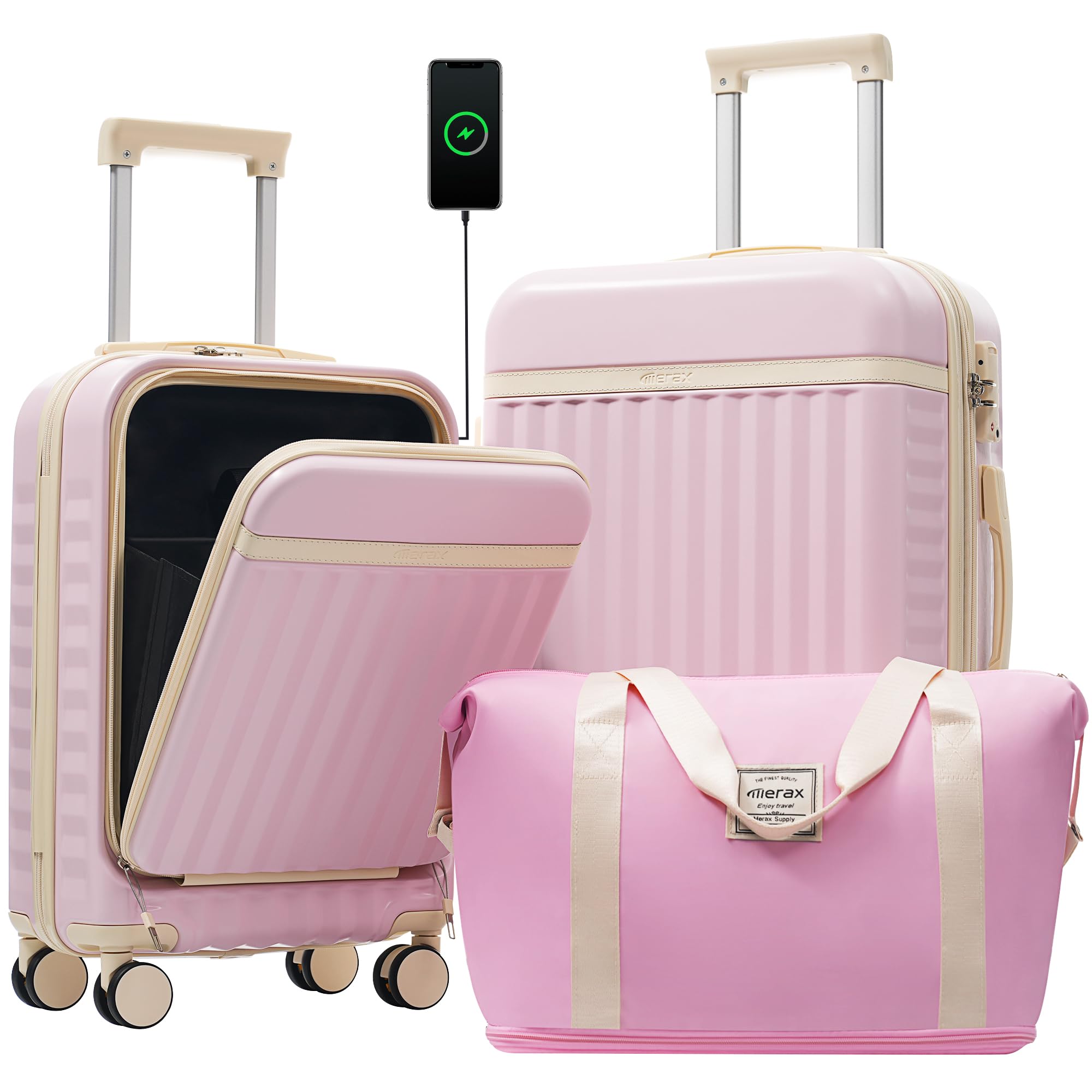 Merax Luggage Sets Front Opening, 2 Piece Hardshell Suitcase with Spinner Wheels and Bags,Lightweight Carry on Luggage with USB Port,20+24,Pink