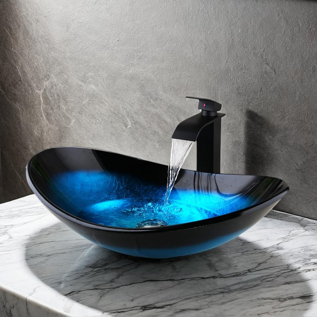 Bathroom Vessel Sink Blue Vessel Sink Oval Glass Vessel Sink with Waterfall Faucet and Pop-Up Drain Boat Shape Bathroom Sink Above Counter,Artistic Tempered Glass Vessel Sink
