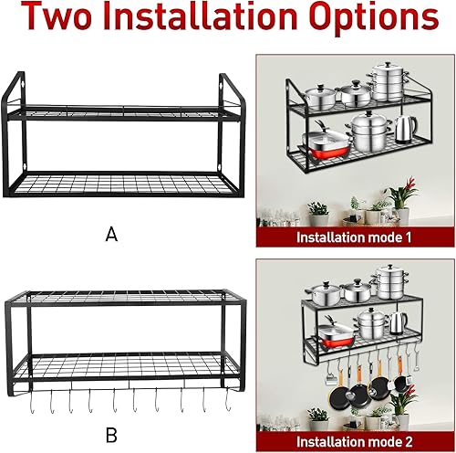 Miniatura 6 de Estante colgante para ollas, 2 niveles, soportes para ollas de pared para almacenamiento de cocina, organizador de ollas y sartenes con 10 ganchos,