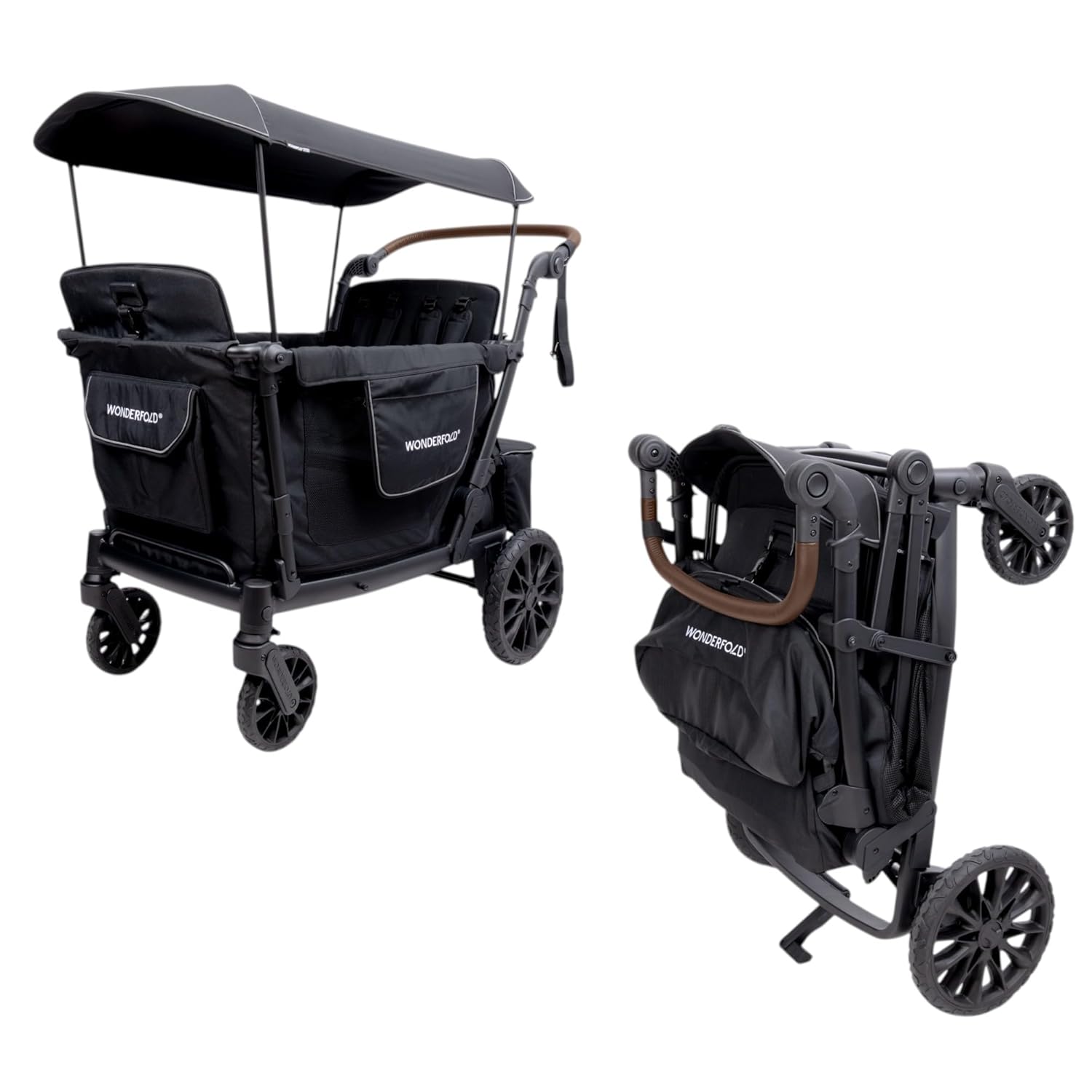 WonderFold L4 Quad Stroller Wagon (4 Seater) - Smooth Ride, Secure Harnesses, and All-Weather Canopy 4 Seat Wagon Stroller for Kids, Safety-Certified - Jet Black