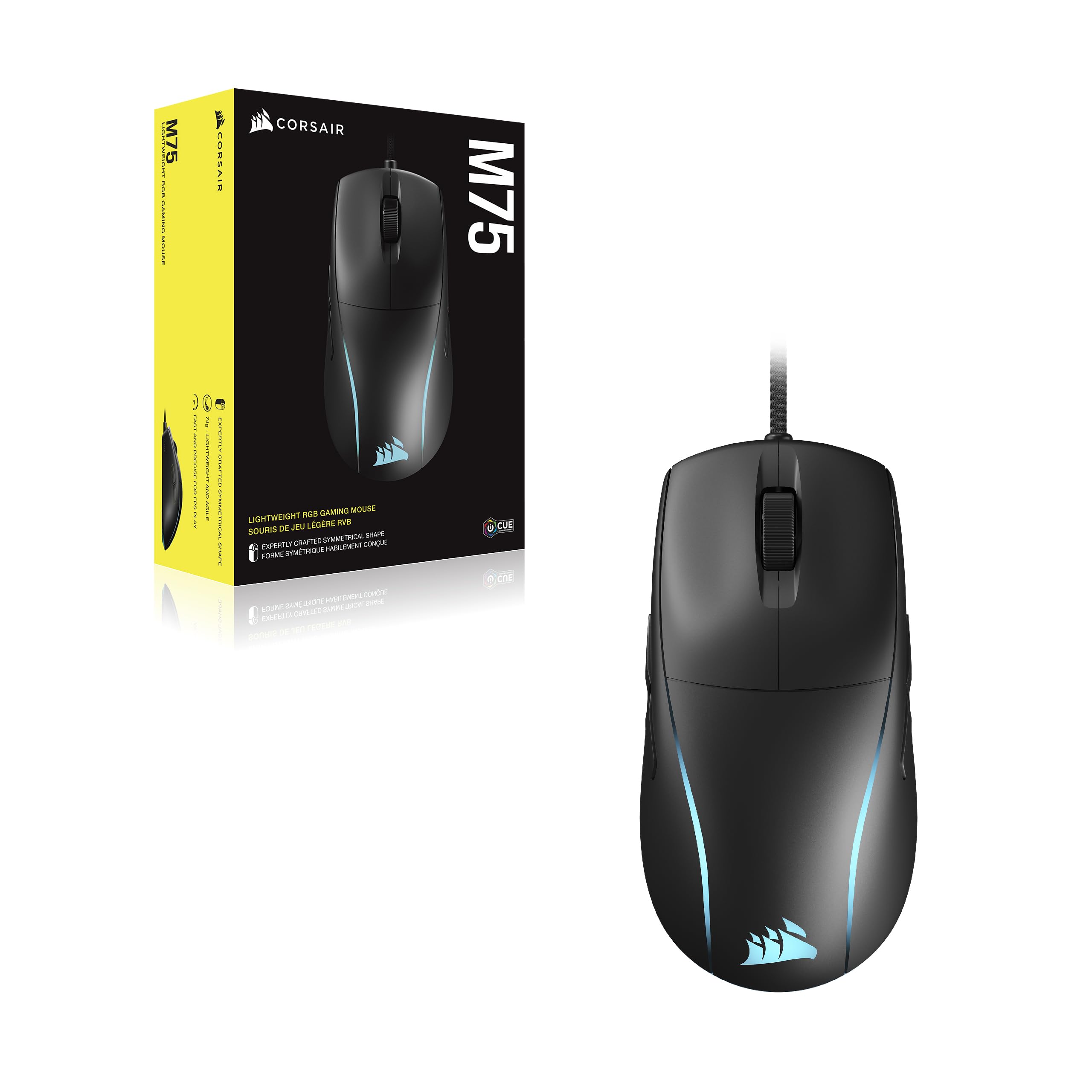 Corsair Ratón para juegos FPS ligero con cable RGB M75 - 26.000 DPI - Botones laterales intercambiables - PC - Negro