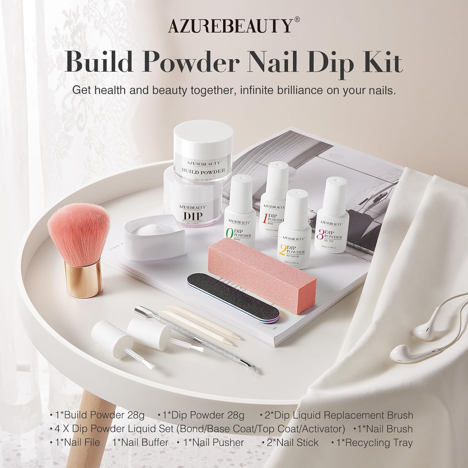 AZUREBEAUTY Clear & White Dip Powder Nail Kit, 28g/1Oz 15 Pcs Essential Dipping Build Powder with Basics Dip Powder Liquid Set Top & Base Coat Bond Activator for Beginners Nail Manicure Salon Home