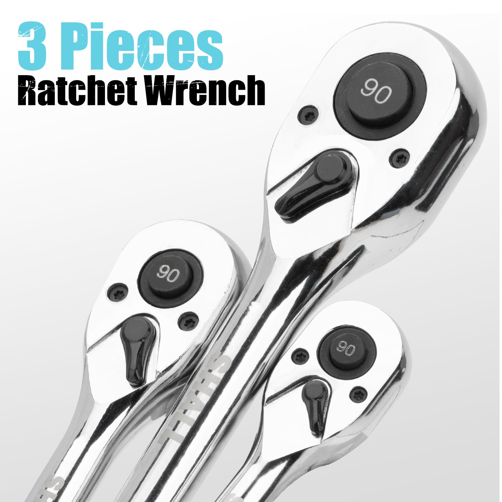 Shall 90-Tooth Ratchet Wrench Set, Chrome, 1/2", 3/8" & 1/4" - Image 2