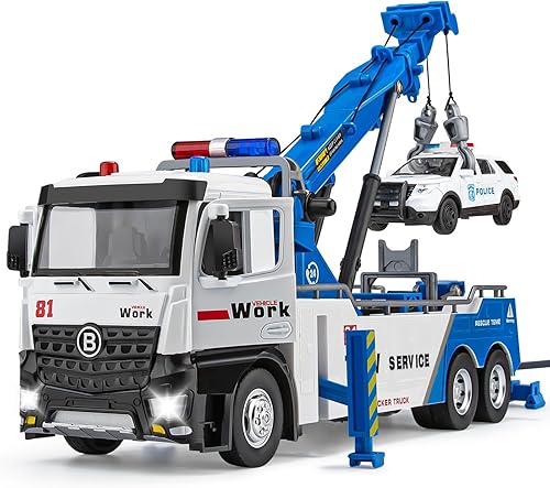 Miniatura 1 de Camión de remolque de juguete para niños, camión de remolque de metal con grúa modelo de juguete con luces y sonidos, vehículos de construcción para