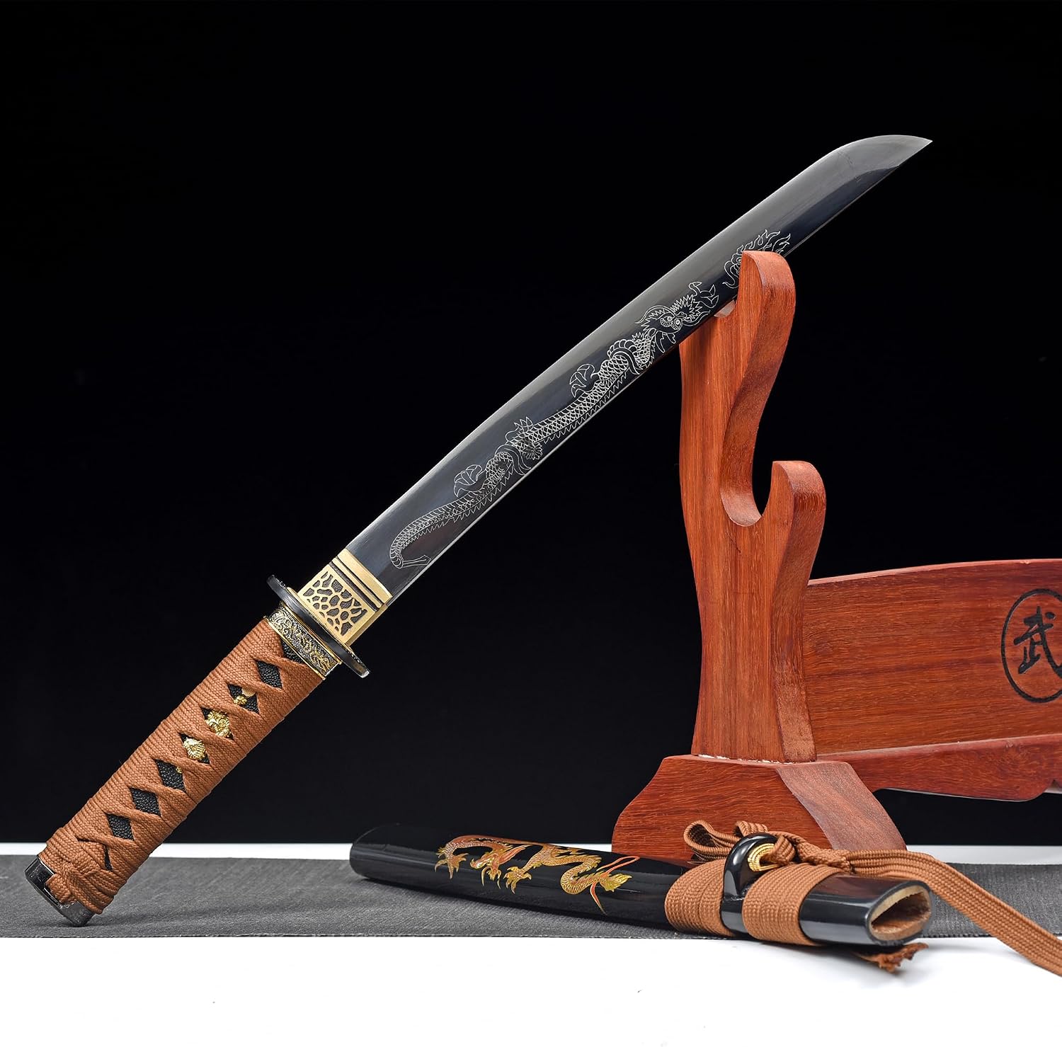 Japanese Samurai Katana Sword Manganese s Steel Dragon Pattern Full Tang - Perfect for Cosplay, Collectors, and Martial Arts Training Tanto