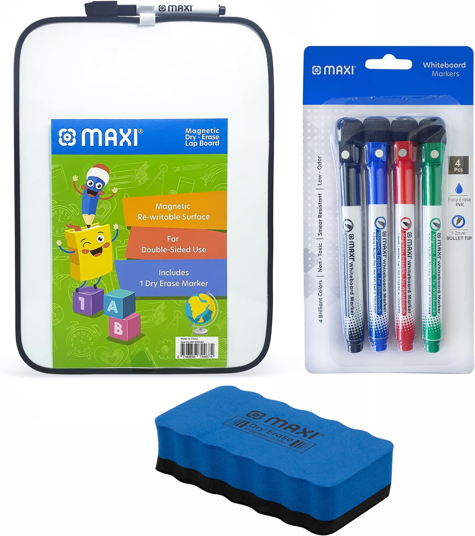 Maxi 2 Sided dry-wipe Whiteboard A4 (Assorted Color) + 4pcs Slim whiteboard Colour Markers 1-2mm, Child Safe Non-Toxic Inks, for Kids Adult Student Office School-Works on Most Non-Porous Surfaces