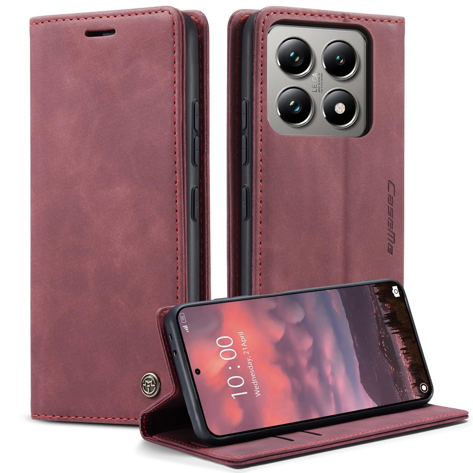 Lanranwa Handyhülle für Xiaomi 14T Pro 5G Hülle Premium Lederhülle Klappbar Flip Case Handytasche Schutzhülle Klapphülle Standfunktion für Xiaomi 14T Pro -Weinrot