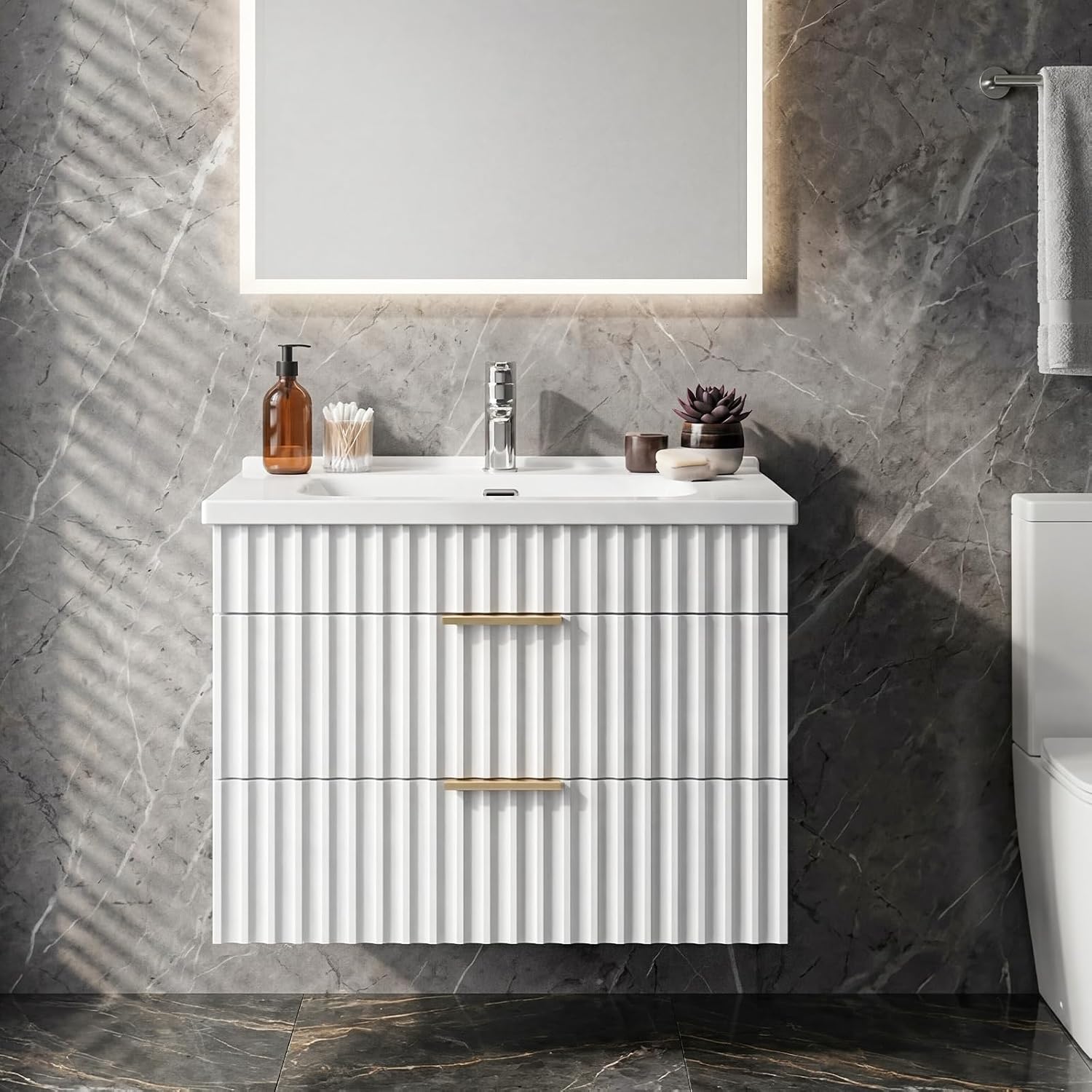 24 Inch Floating Bathroom Vanity with Sink, Modern Wall Mounted Vanity with Ceramic Sink, 2 Large Storage Drawers w/Gold Handles & Smooth Glide Motion, White