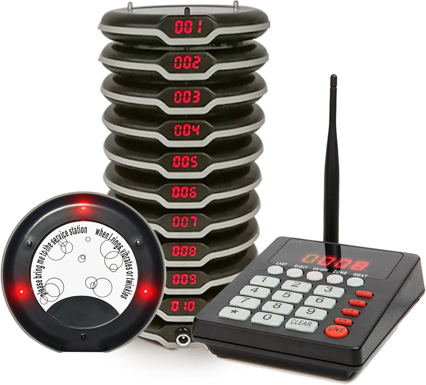 Pager Calling System Coaster Pagers for Restaurant Food Court Office 1 Keyboard Transmitter + 10 Pagers Receiver 999 Channels with Beeper Flash Vibration Alarms