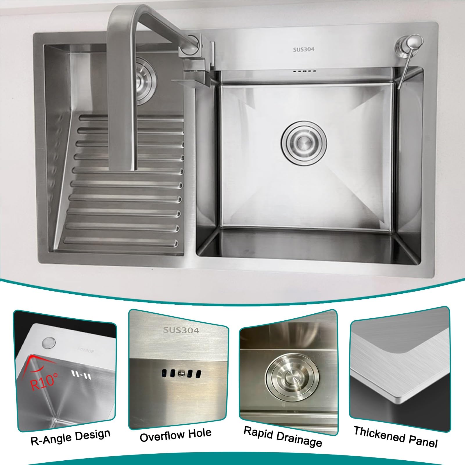 Fregadero de lavandería plateado,fregadero práctico de acero inoxidable para lavandería, lavabo de cubo de lavandería de doble tazón de 22 cm de profundidad, con lavabo facial integrado(Silver-B,80x48