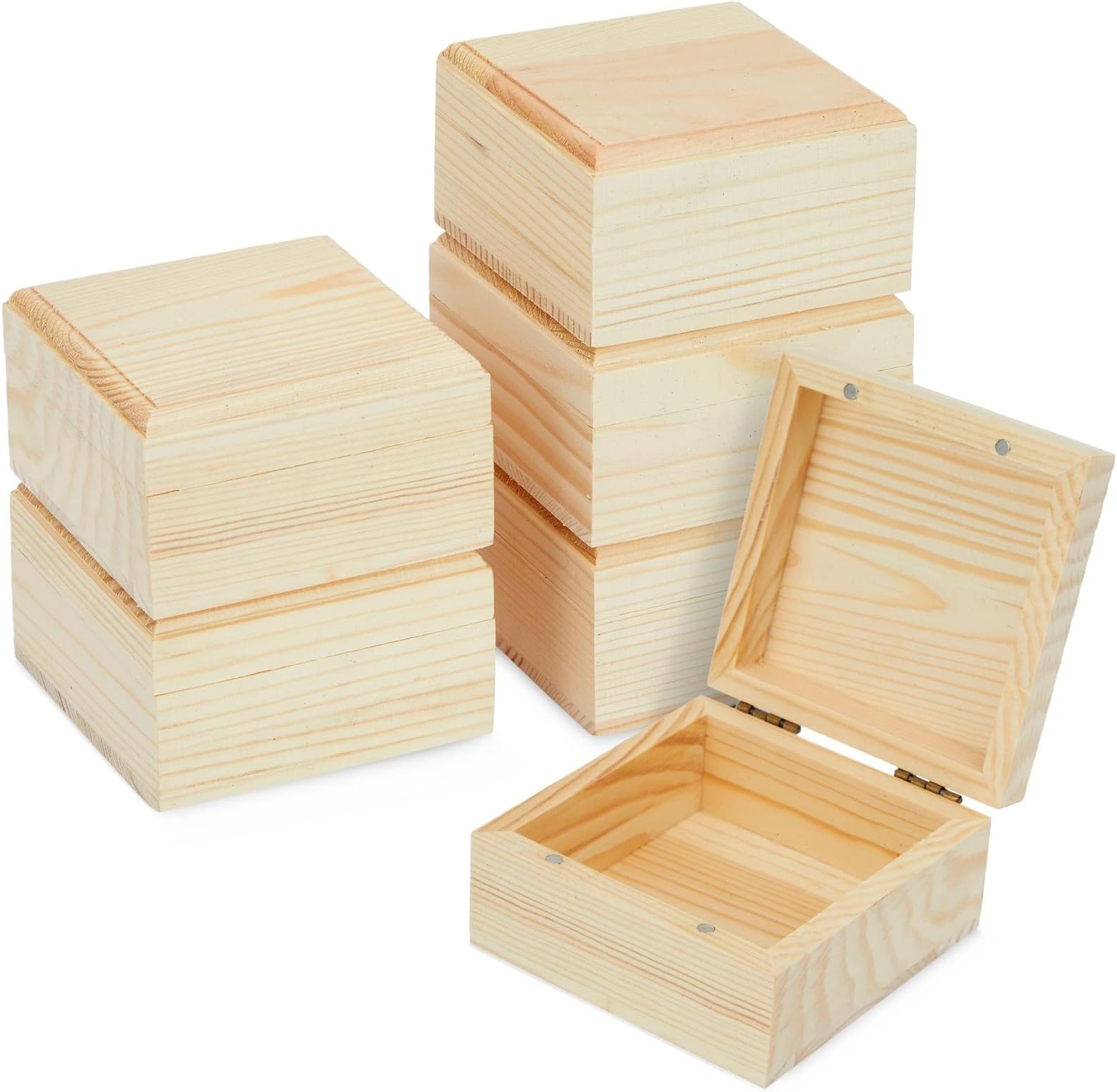 6 Pack Unfinished Wooden Boxes with Hinged Lids, Pinewood Magnetic Wood Box for Crafts, Jewelry Storage (3.5 x 3.5 x 2 In)