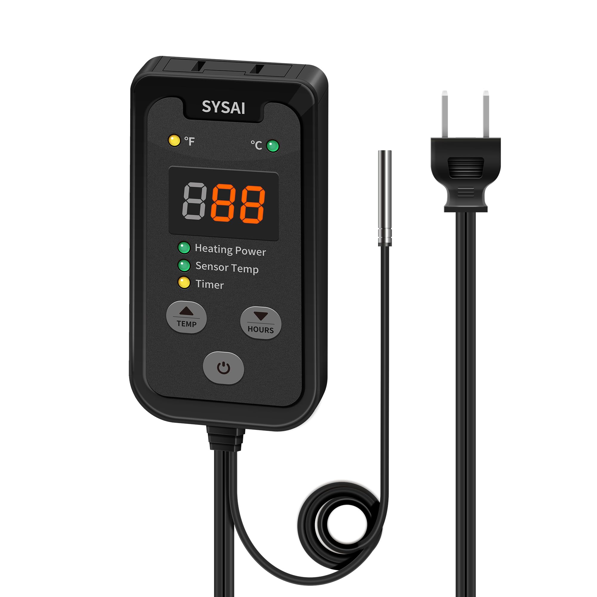 SYSAI Temperature Controller for Reptile Tank, Heat Mat, Seed Germination, Greenhouse, Brooder, Home Brewing, 100W-1A, Digital Thermostat, °F/°C Display, 60-94°F