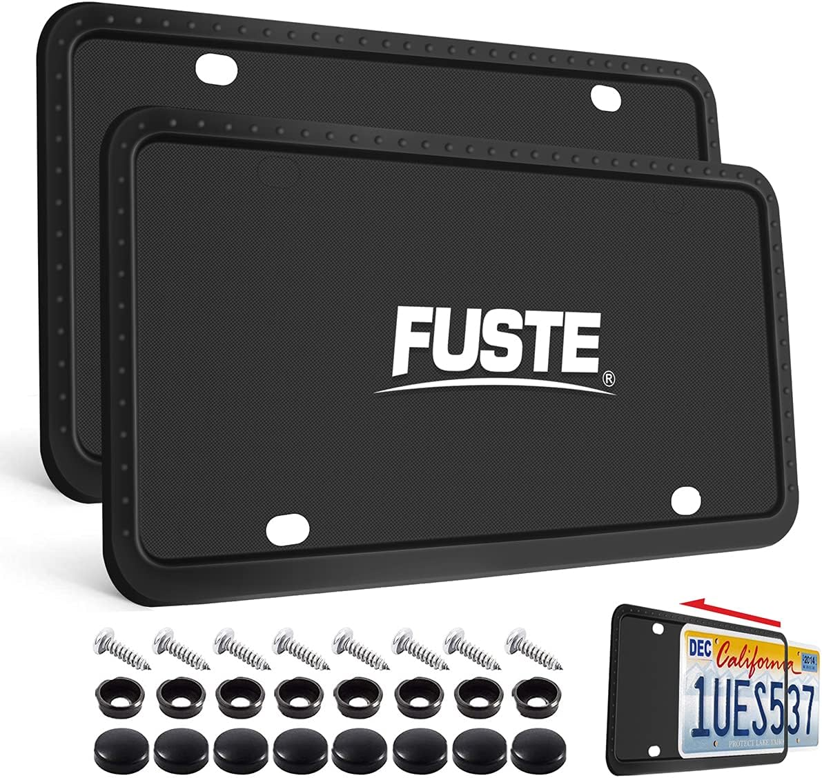 FUSTE Black License Plate Frame Covers 2 Pack- Front and Back Car Plate Bracket Holders. Rust-Proof, Rattle-Proof, Weather-Proof ( Black)