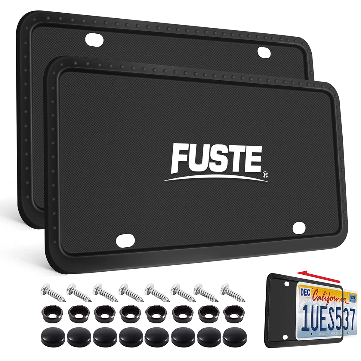 FUSTE Black License Plate Frame Covers 2 Pack- Front and Back Car Plate Bracket Holders. Rust-Proof, Rattle-Proof, Weather-Proof ( Black)