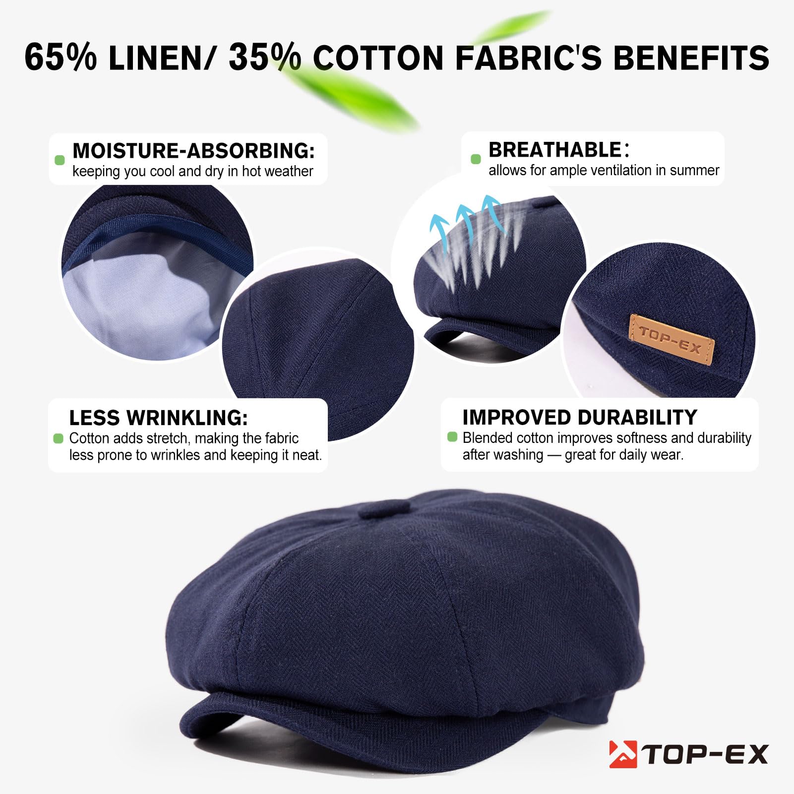 TOP-EX Gorro de verano para hombre, ligero, transpirable, 8 paneles, plano, Gatsby de lino, para cabezas grandes, M/L L/XL XL/XXL
