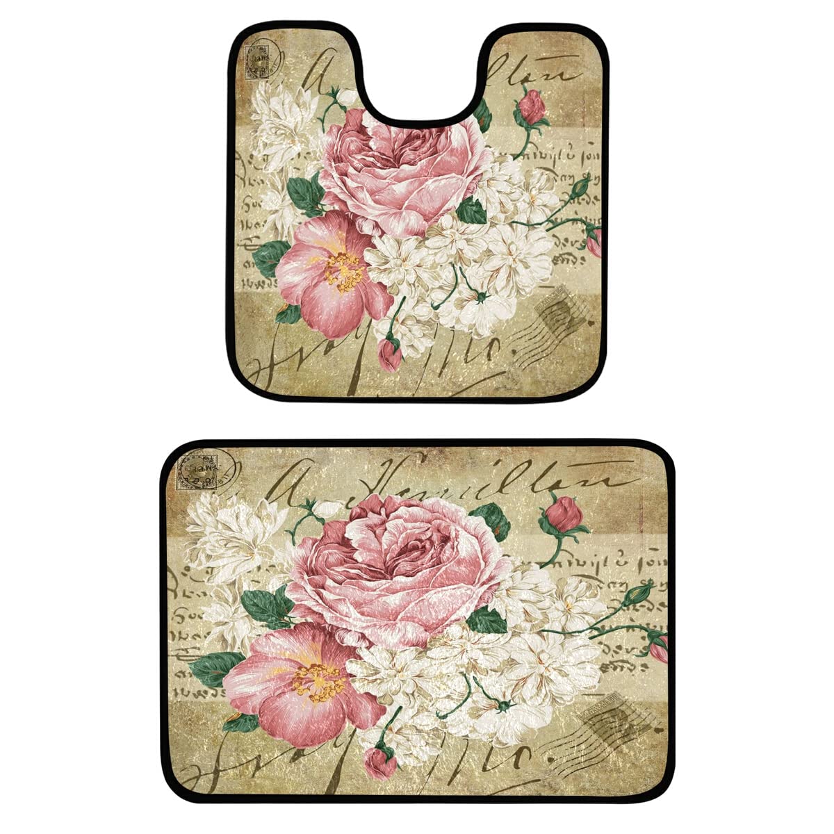 OREZI Vintage Shabby Chic Pink Rose Floral Bathroom Rug Set 2 Piece Non-Slip Bath Runner U-Shaped Contour Toilet Mat Bath Rug Water Absorbent,Machine
