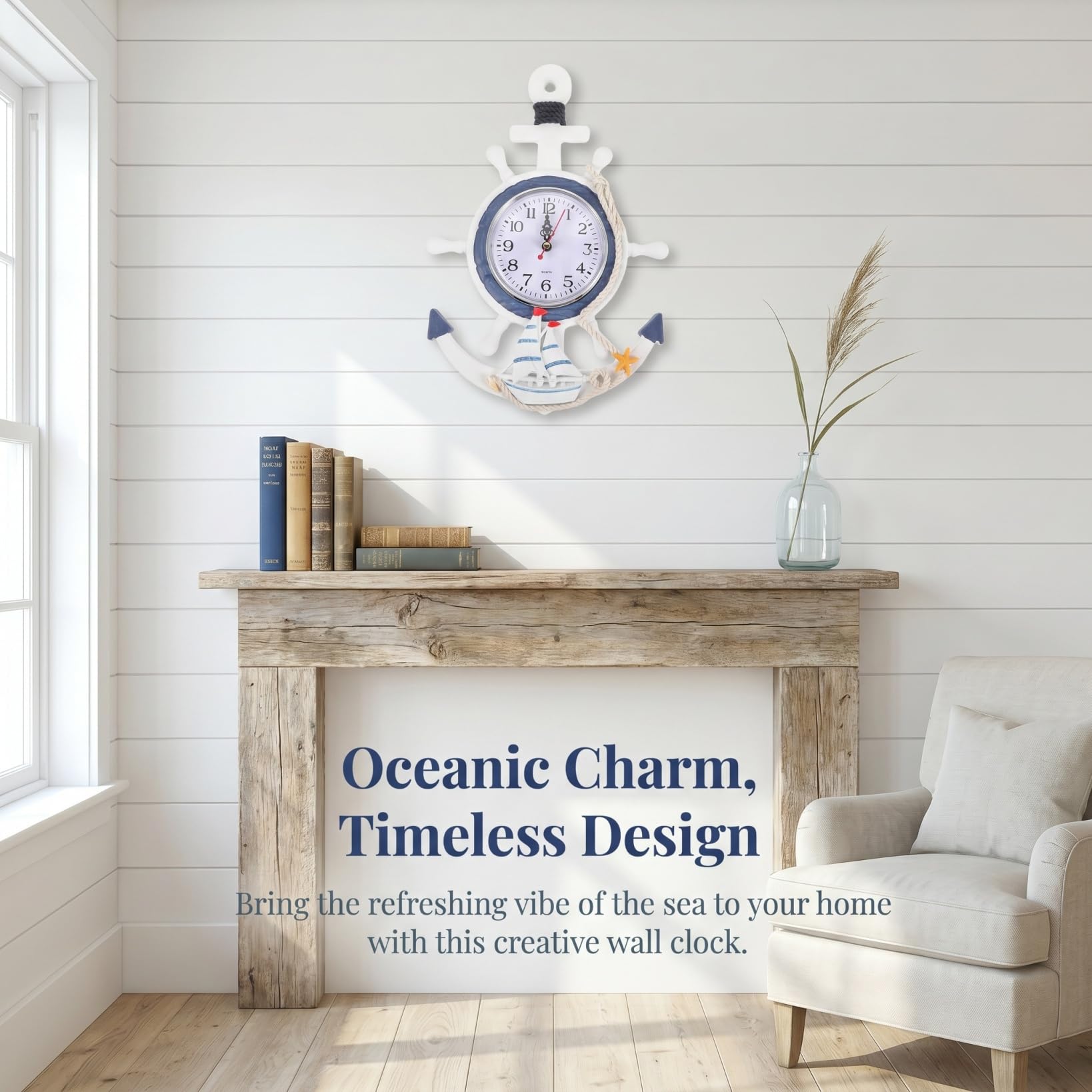 BESPORTBLE Orologio da parete stile mediterraneo Beach Sea Theme nave nautica ruota decorazione da appendere alla parete