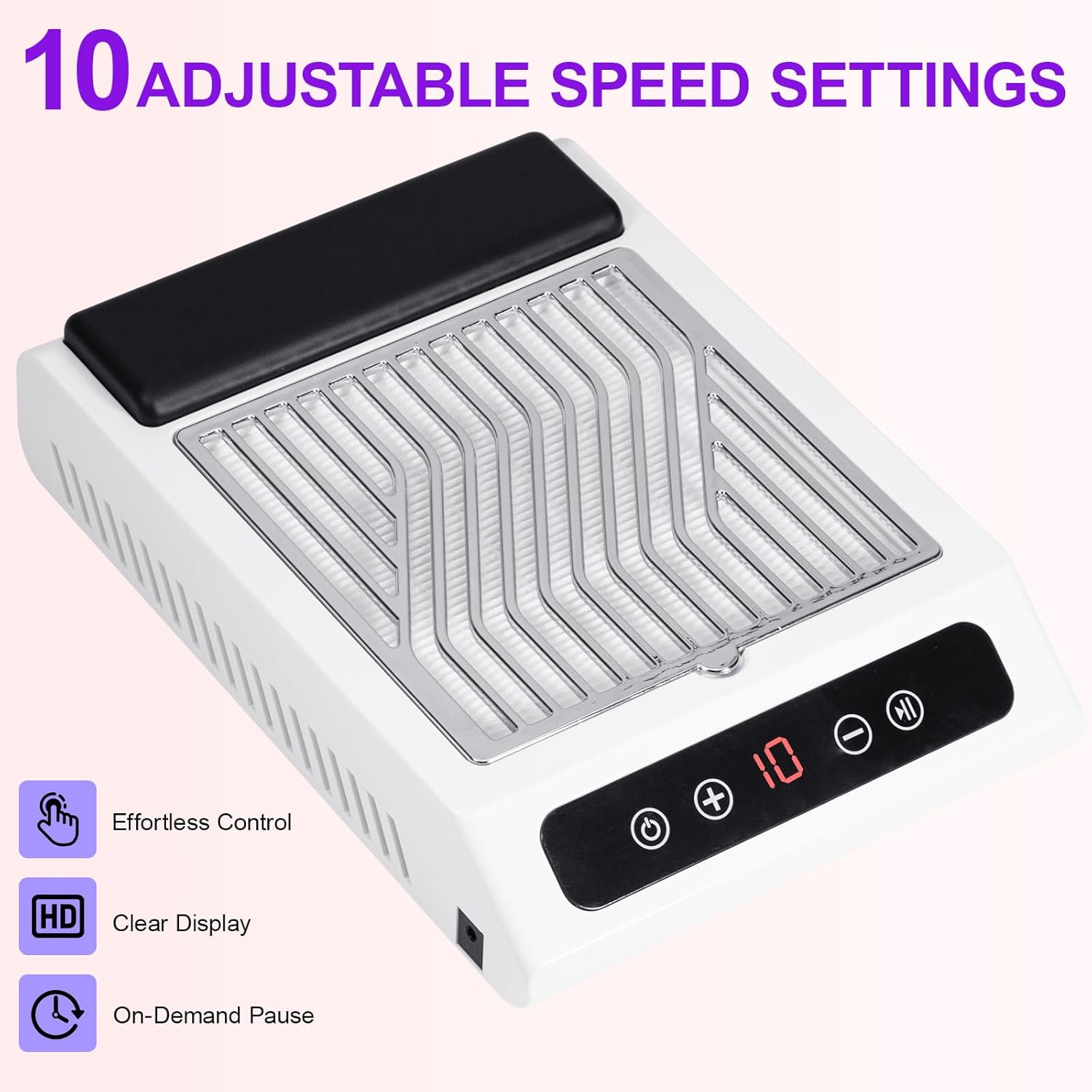 Nail Dust Collector for Nail Tech with Wrist Rest Design,3700RPM Powerful Nail Vacuum Fan,10 Speed Adjustable Dust Collector with Reusable Filter,Ideal for Gel Polish,Pedicures,Salon & Home Use